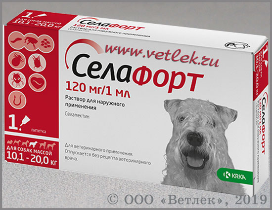 Селафорт 120 мг для собак 10-20 кг, пипетка 1,0 мл купить в ветеринарном  интернет-магазине Ветлек, купить в зоомагазине Ветлек в Москве.  Инструкция по применению . Цена в интернет-магазине 470 руб