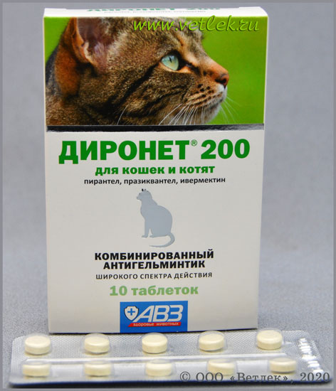 Диронет 200 таблетки для кошек и котят, уп. 10 таблеток купить в  ветеринарном интернет-магазине Ветлек, купить в зоомагазине Ветлек в  Москве. Инструкция по применению . Цена в интернет-магазине 330 руб